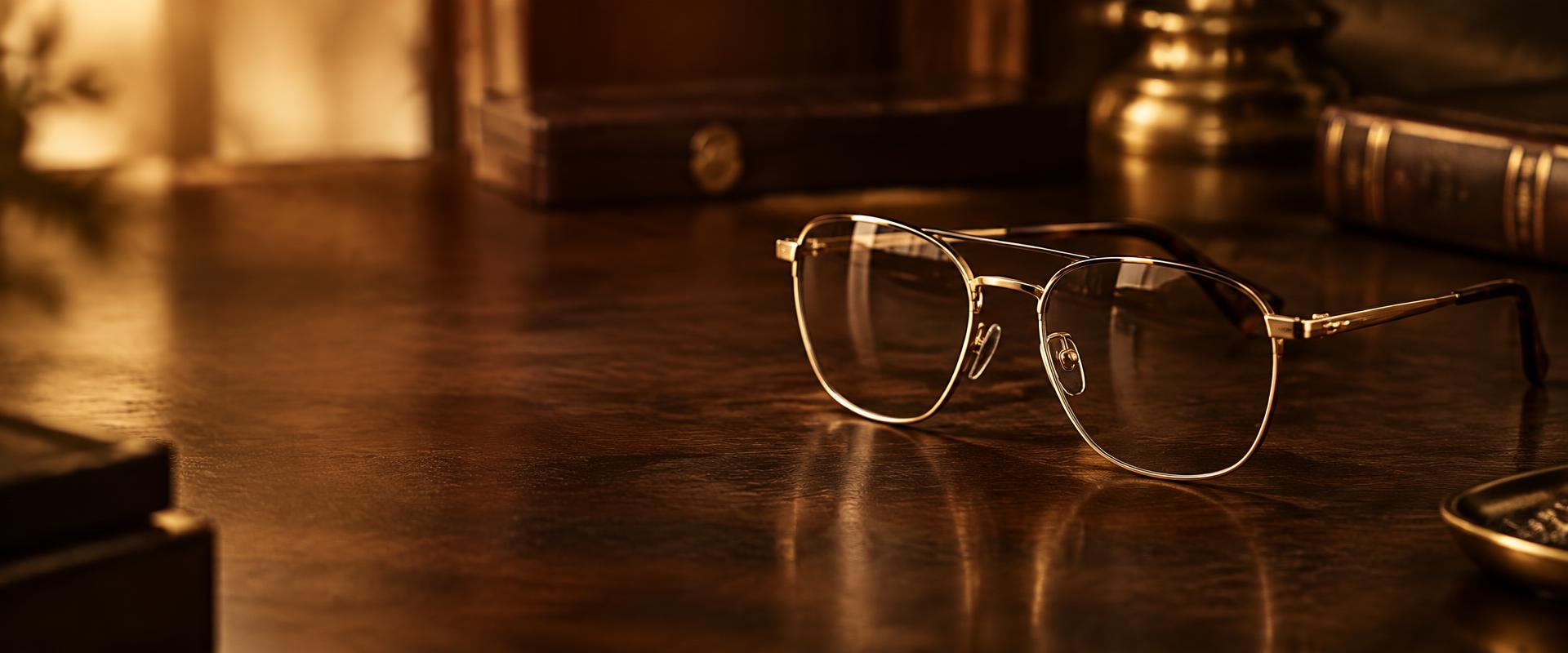 Gold eyeglasses on a wooden table